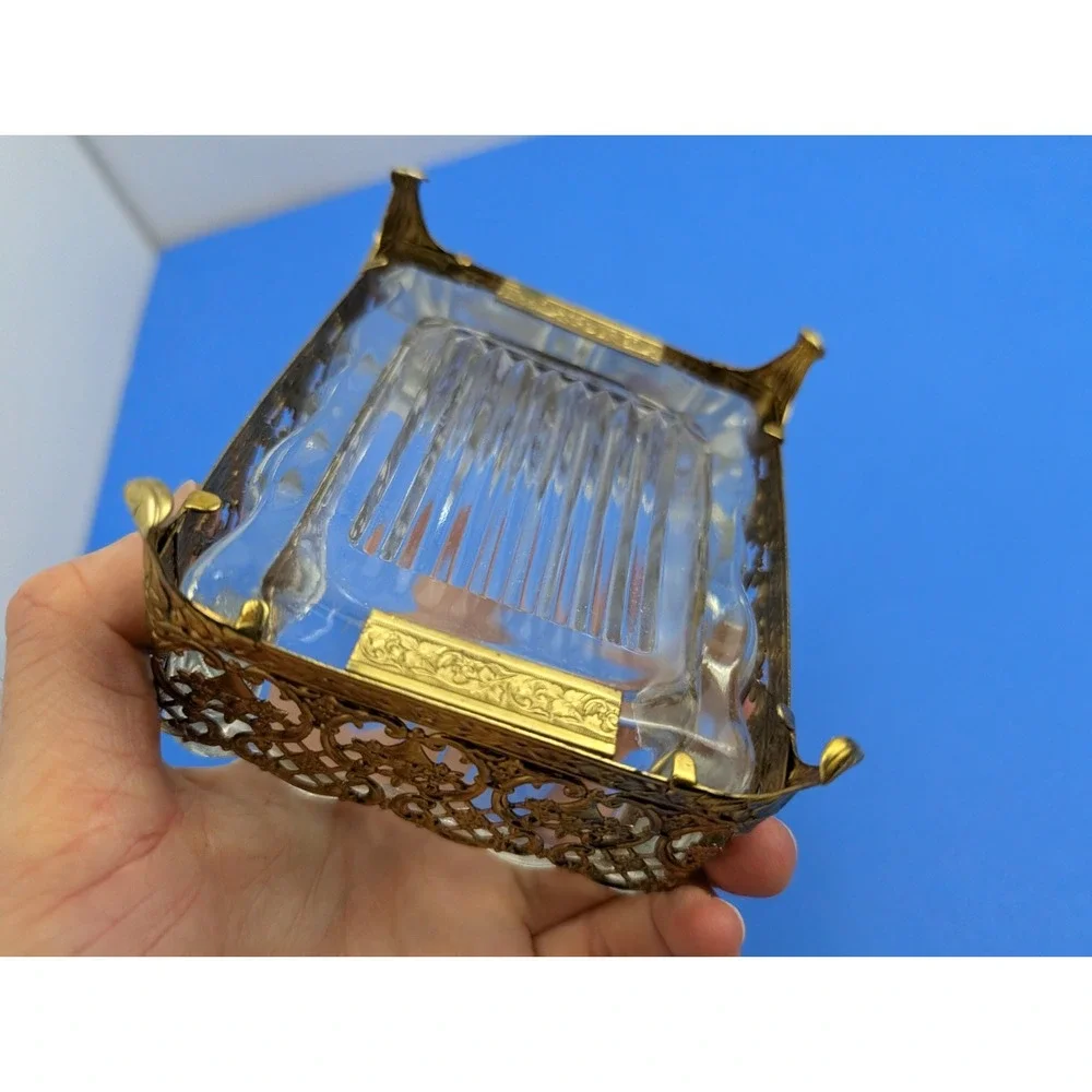 Vintage Hollywood Regency Open Trinket Box Gold and Glass Ormolu Brass Soap Dish
